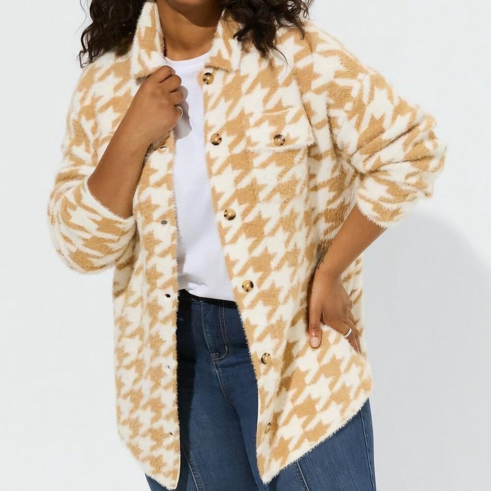 TORRID 1 1X 14-16 Iced Coffee Houndstooth Eyelash Shacket Sweater Fall Autumn